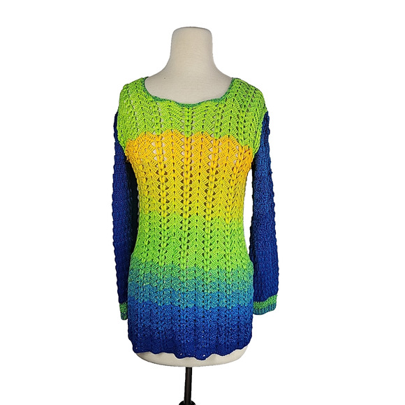 Handmade Crochet Ombre Sweater M Green Blue Open Knit Boho Festival Hippie Indie - Picture 1 of 10